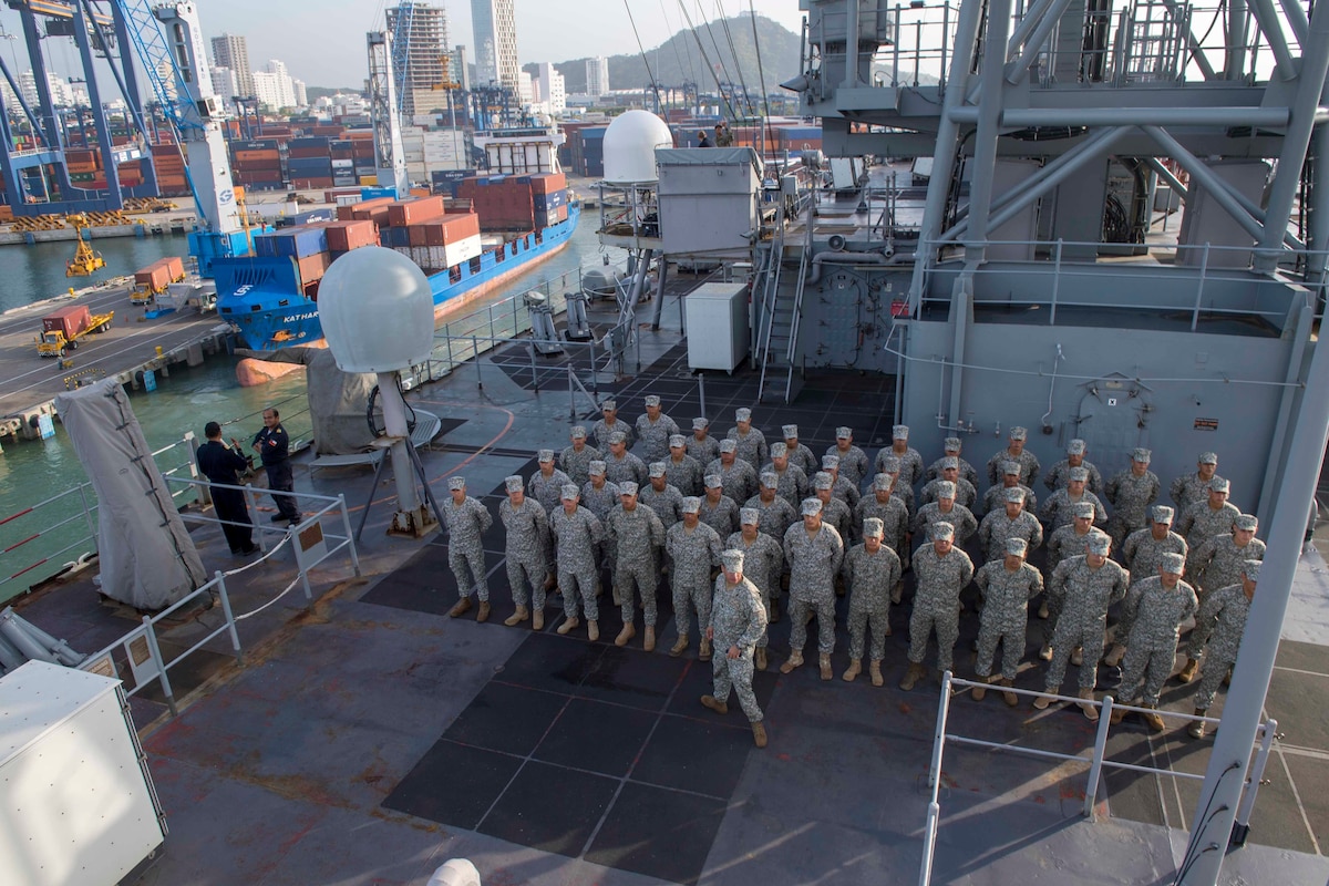Colombian Marine Cadets stand in formation aboard USS Gunston Hall.