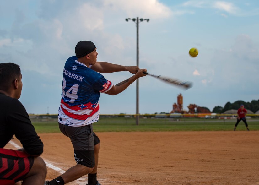 The 633rd Force Support Squadron plays against the 30th Intelligence Squadron during the intramural softball championship at Joint Base Langley-Eustis, Virginia, Aug. 30, 2018.