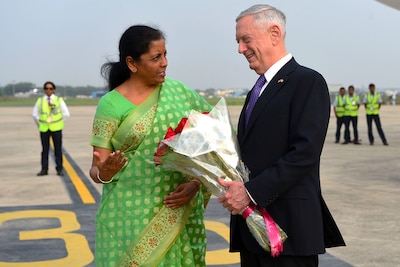 Defense Secretary James N. Mattis speaks with the Indian defense minister.