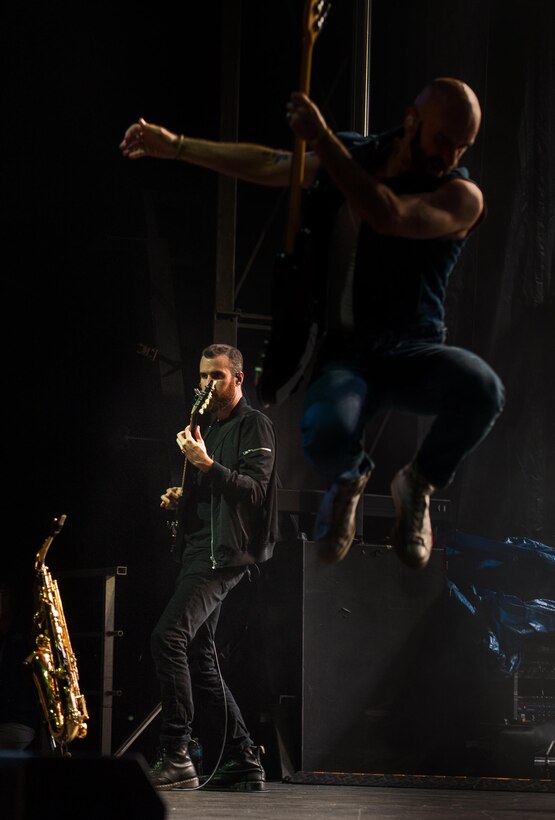 (From the left) Russ Flynn, X Ambassadors guitarist, performs with Sam Harris, X Ambassadors lead vocalist, during the End of Summer Music Festival at Joint Base Langley-Eustis, Virginia, Sep. 1, 2018.