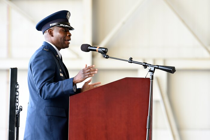 Col. Terrence Adams delivers remarks after assuming command of the 628th Air Base Wing and Joint Base Charleston during a change of command ceremony Sept. 5, 2018, at Joint Base Charleston, S.C. Adams replaced Col. Jeff Nelson as commander of the wing after serving at Scott Air Force Base, Ill., as Air Mobility Command’s director of communications and chief information officer. Joint Base Charleston is one of 12 Department of Defense joint bases and is host to over 60 DOD and federal agencies. The 628th ABW delivers installation support to over 90,000 Airmen, Sailors, Soldiers, Marines, Coast Guardsmen, civilians, dependents and retirees across four installations including the Air Base and Naval Weapons Station.