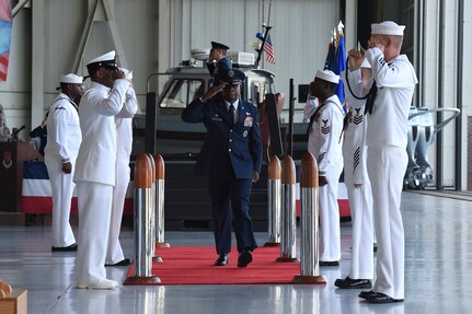 Col. Terrence Adams, incoming 628th Air Base Wing commander and Joint Base Charleston commander, departs after a change of command ceremony Sept. 5, 2018, at Joint Base Charleston, S.C. Adams replaced Col. Jeff Nelson as commander of the wing after serving at Scott Air Force Base, Ill., as Air Mobility Command’s director of communications and chief information officer. Joint Base Charleston is one of 12 Department of Defense joint bases and is host to over 60 DOD and federal agencies. The 628th ABW delivers installation support to over 90,000 Airmen, Sailors, Soldiers, Marines, Coast Guardsmen, civilians, dependents and retirees across four installations including the Air Base and Naval Weapons Station.
