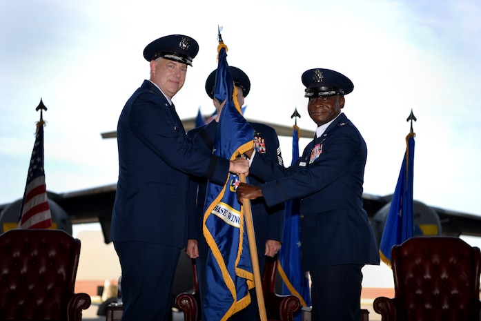 Col. Terrence Adams, right, assumes command of the 628th Air Base Wing and Joint Base Charleston from Maj. Gen. John Gordy II, left, U.S. Air Force Expeditionary Center commander, during a change of command ceremony Sept. 5, 2018, at Joint Base Charleston, S.C. Adams replaced Col. Jeff Nelson as commander of the wing and joint base after serving at Scott Air Force Base, Ill., as Air Mobility Command’s director of communications and chief information officer. Joint Base Charleston is one of 12 Department of Defense joint bases and is host to over 60 DOD and federal agencies. The 628th ABW delivers installation support to over 90,000 Airmen, Sailors, Soldiers, Marines, Coast Guardsmen, civilians, dependents and retirees across four installations including the Air Base and Naval Weapons Station.
