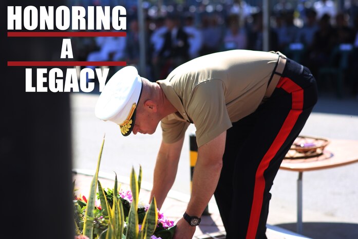 Brig. Gen. Keith D. Reventlow, commanding general of 3rd Marine Logistics Group, lays a wreath at a memorial during a ceremony Aug. 7, 2018 at Honiara, Guadalcanal, Solomon Islands. U.S. Marines and Sailors with 3rd Marine Logistics Group joined U.S. Coast Guardsmen and the members of the Solomon Island government at the ceremony to commemorate the 76th anniversary of the U.S. Marines and Allied forces landing on the island of Guadalcanal, marking the beginning of the Pacific island-hopping campaign of World War II. (Courtesy Photo)