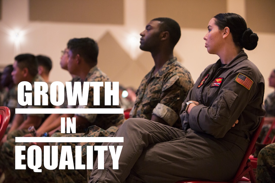 Service members listen as panelists share their experiences in the military during the Women’s Symposium Aug. 30, 2018 at Camp Foster, Okinawa, Japan. The symposium promoted gender equality, empowerment and raised awareness of equal opportunity resources. (U.S. Marine Corps photo by Cpl. Isabella Ortega)