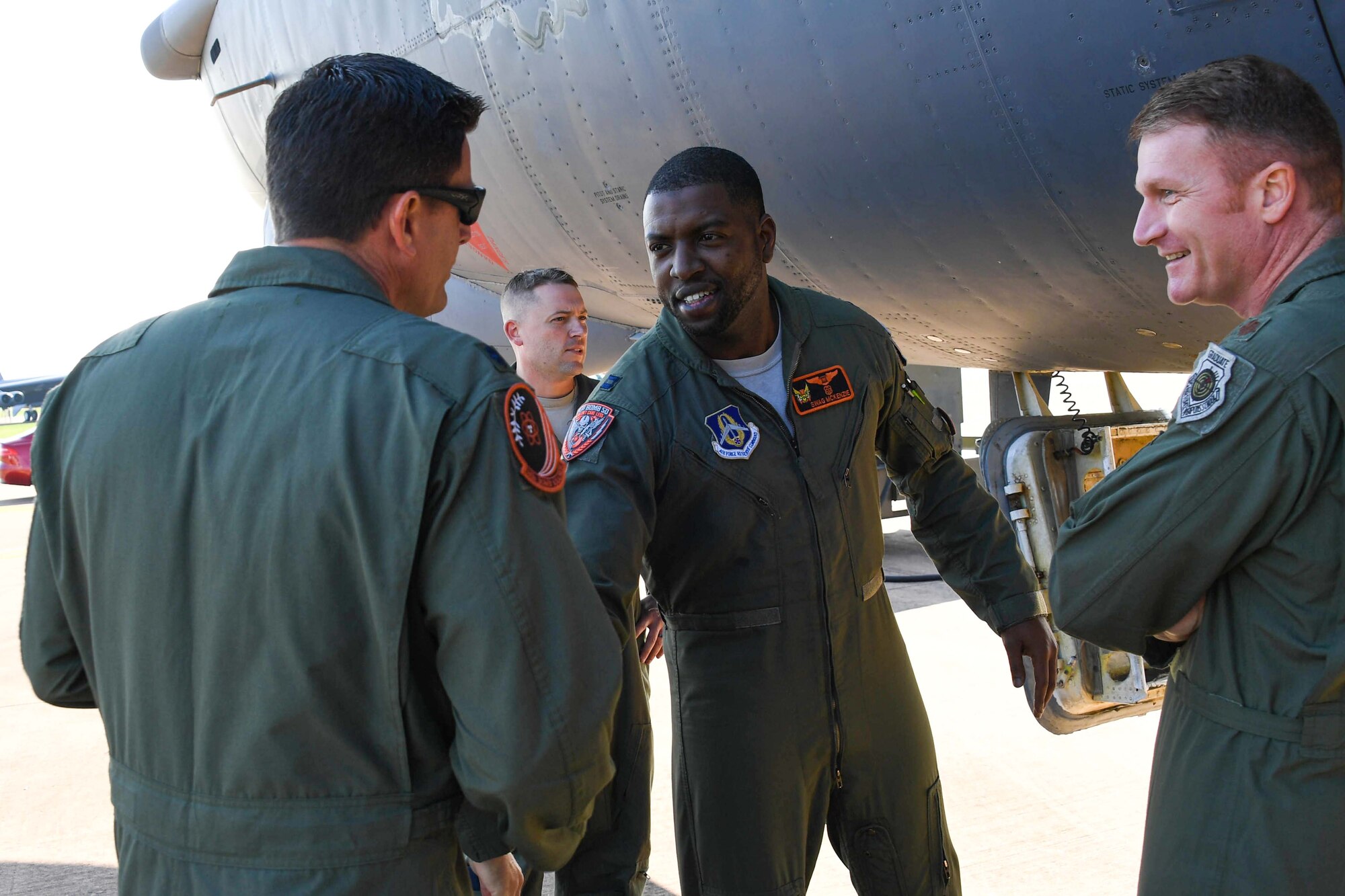 U.S. Air Force Capt. Dane McKenzie, 345th Bomb Squadron weapons system officer greets Lt. Col. Pat Booker, 307th Bomb Wing detachment commander, after arriving at RAF Fairford, United Kingdom, Sept. 5, 2018.   McKenzie and other air crew came in from Barksdale Air Force Base, Louisiana and is in the U.K. as part of the Air Force’s bomber task force operations.  Such operations are routinely conducted to demonstrate the United States’ commitment to allies and partners in the region and enhance readiness to respond to any contingencies around the globe.  They also provide opportunities to work with allies and partners in the region. (U.S. Air Force photo by Master Sgt. Ted Daigle/not released)