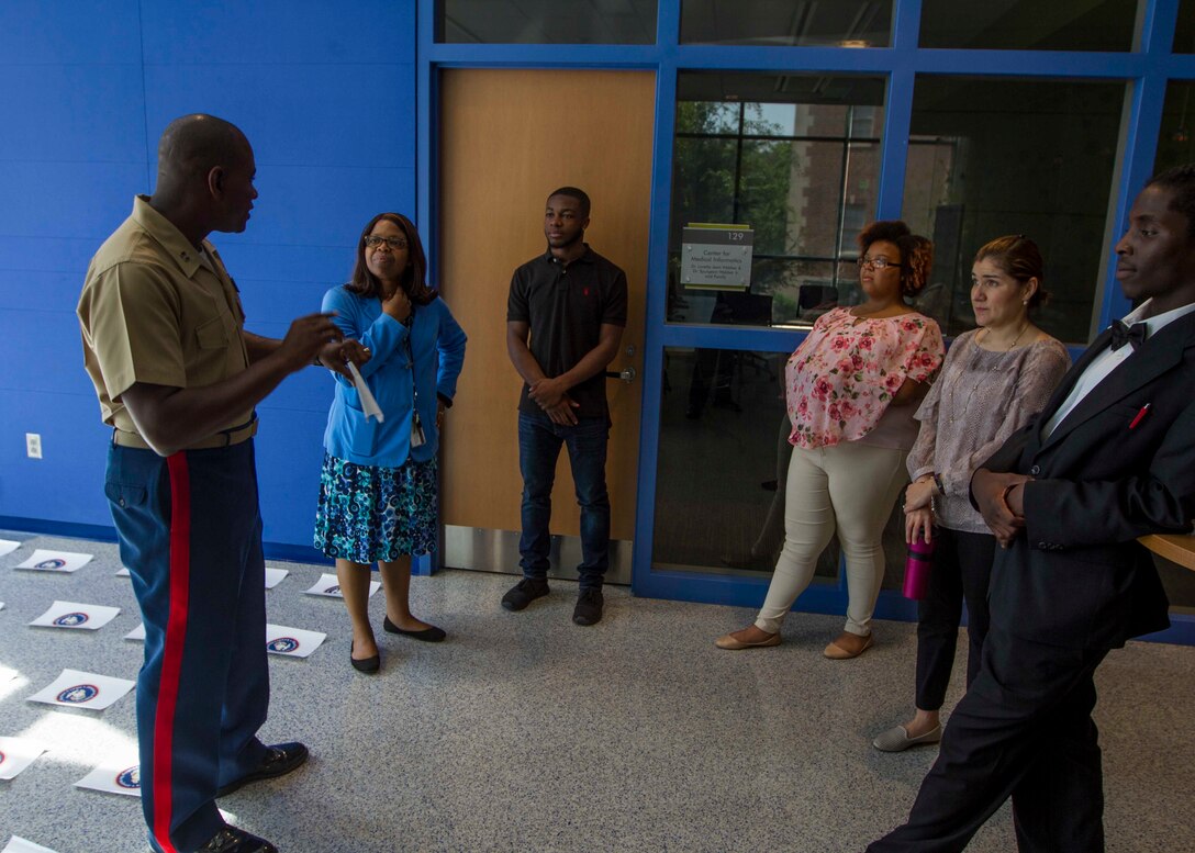U.S. Marine Corps Capt. Derrick Oliver, the director of Marine Corps Food Service with Headquarters Marine Corps, speaks to students and faculty at Johnson C. Smith University about Marine Corps leadership as part of Marine Week Charlotte, Sept. 5, 2018. Marine Week Charlotte is an opportunity for the people of the greater Charlotte area to meet Marines and learn about the Corps’ history, traditions and value to the nation. (U.S. Marine Corps photo by Lance Cpl. Jack A. E. Rigsby)