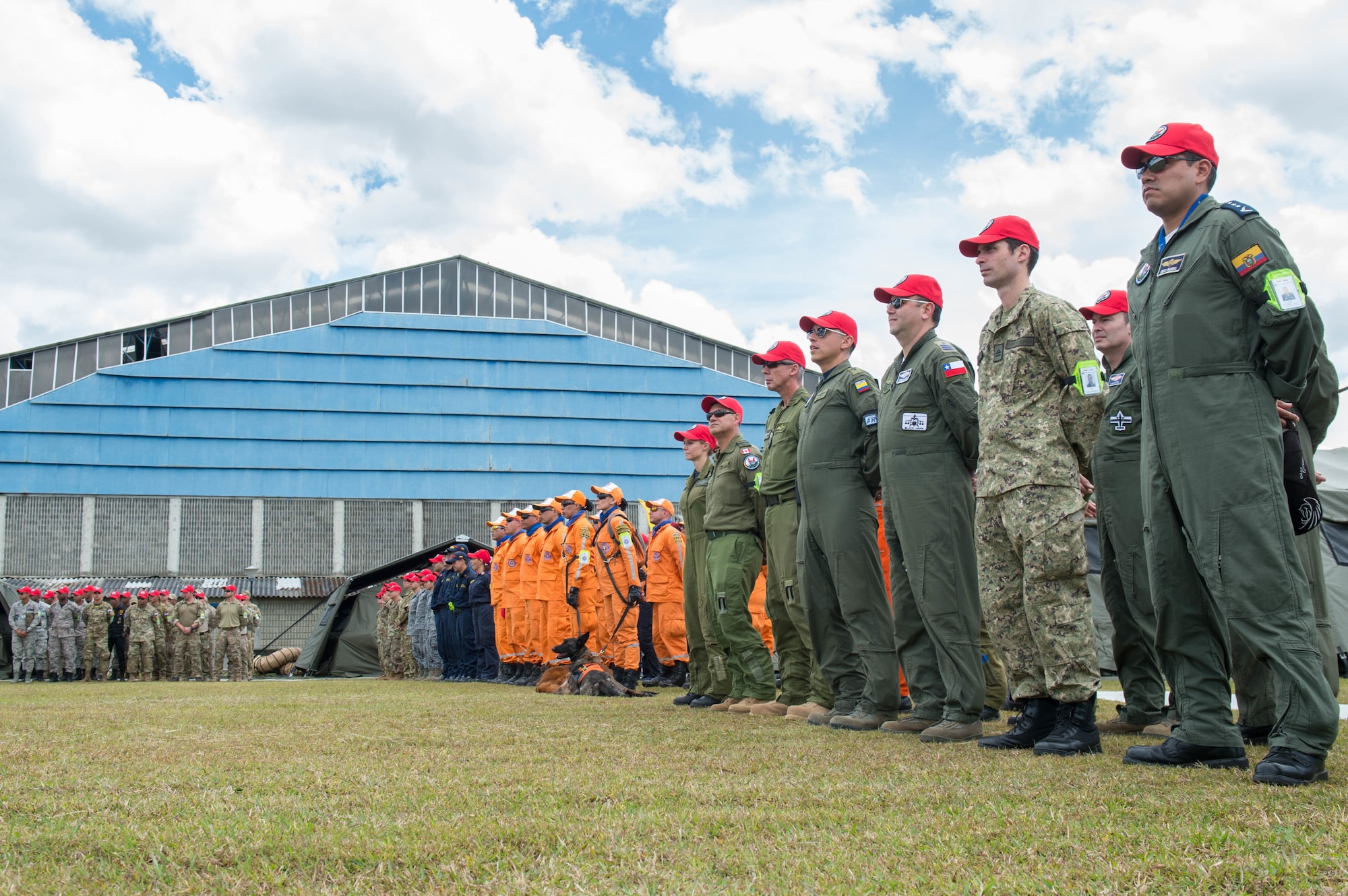 Service members across 12 countries came together to participate in the opening ceremony of the joint exercise Angel de los Andes, Sept. 3, 2018, at Air Combat Command-5, Rionegro, Colombia.  Angel de los Andes is a search and rescue exercise hosted by Colombia involving 12 partner nations that will work together in a joint environment and focus on exercising search and rescue, aeromedical evacuation and casualty evacuation operations. (U.S. Air Force Photo by Staff Sgt. Robert Hicks)