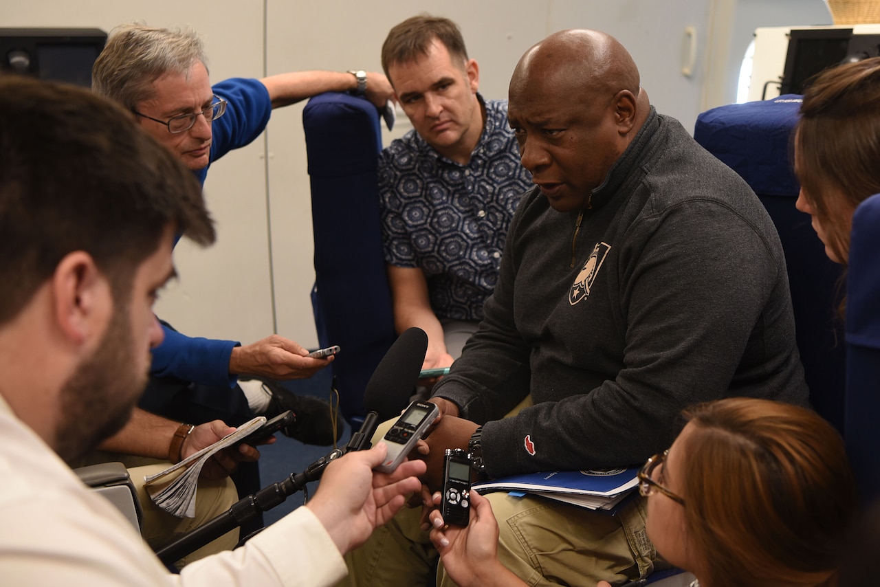 The director of the Defense Security Cooperation Agency, Army Lt. Gen. Charles Hooper, speaks to reporters.