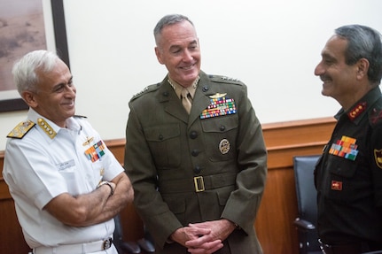 Marine Corps Gen. Joe Dunford, chairman of the Joint Chiefs of Staff, meets with the Indian Minister of Defence Nirmala Sitharaman, and Indian Adm. Sunil Lanba, PVSM, AVSM, ADC, Indian Chief of the Naval Staff and Chairman of the chiefs of staff committee at the Ministry of Defence in New Delhi, India Sept. 6, 2018.