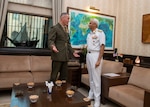 Marine Corps Gen. Joe Dunford, chairman of the Joint Chiefs of Staff, meets with Indian Adm. Sunil Lanba, PVSM, AVSM, ADC, Indian Chief of the Naval Staff and Chairman of the chiefs of staff committee at the Ministry of Defence in New Delhi, India Sept. 6, 2018.