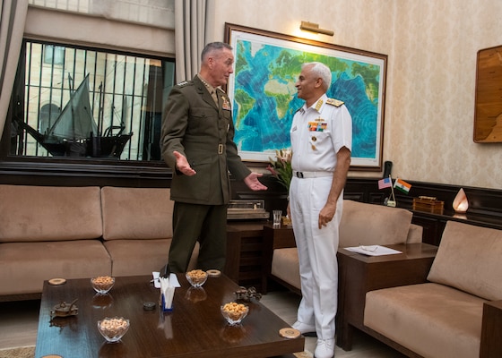 Marine Corps Gen. Joe Dunford, chairman of the Joint Chiefs of Staff, meets with Indian Adm. Sunil Lanba, PVSM, AVSM, ADC, Indian Chief of the Naval Staff and Chairman of the chiefs of staff committee at the Ministry of Defence in New Delhi, India Sept. 6, 2018.