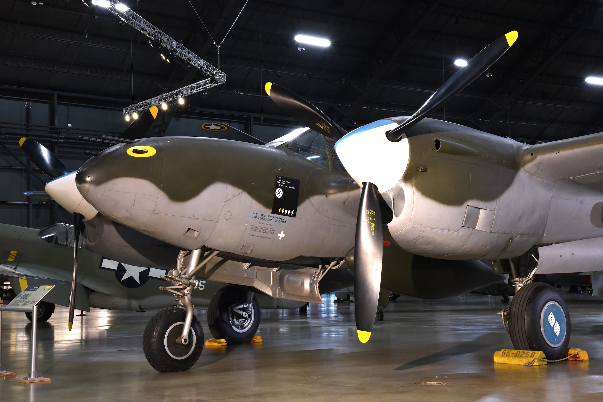 DAYTON, Ohio -- Lockheed P-38L Lightning in the WWII Gallery at the National Museum of the United States Air Force. (U.S. Air Force photo by Ken LaRock)