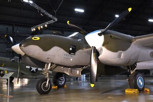 DAYTON, Ohio -- Lockheed P-38L Lightning in the WWII Gallery at the National Museum of the United States Air Force. (U.S. Air Force photo by Ken LaRock)