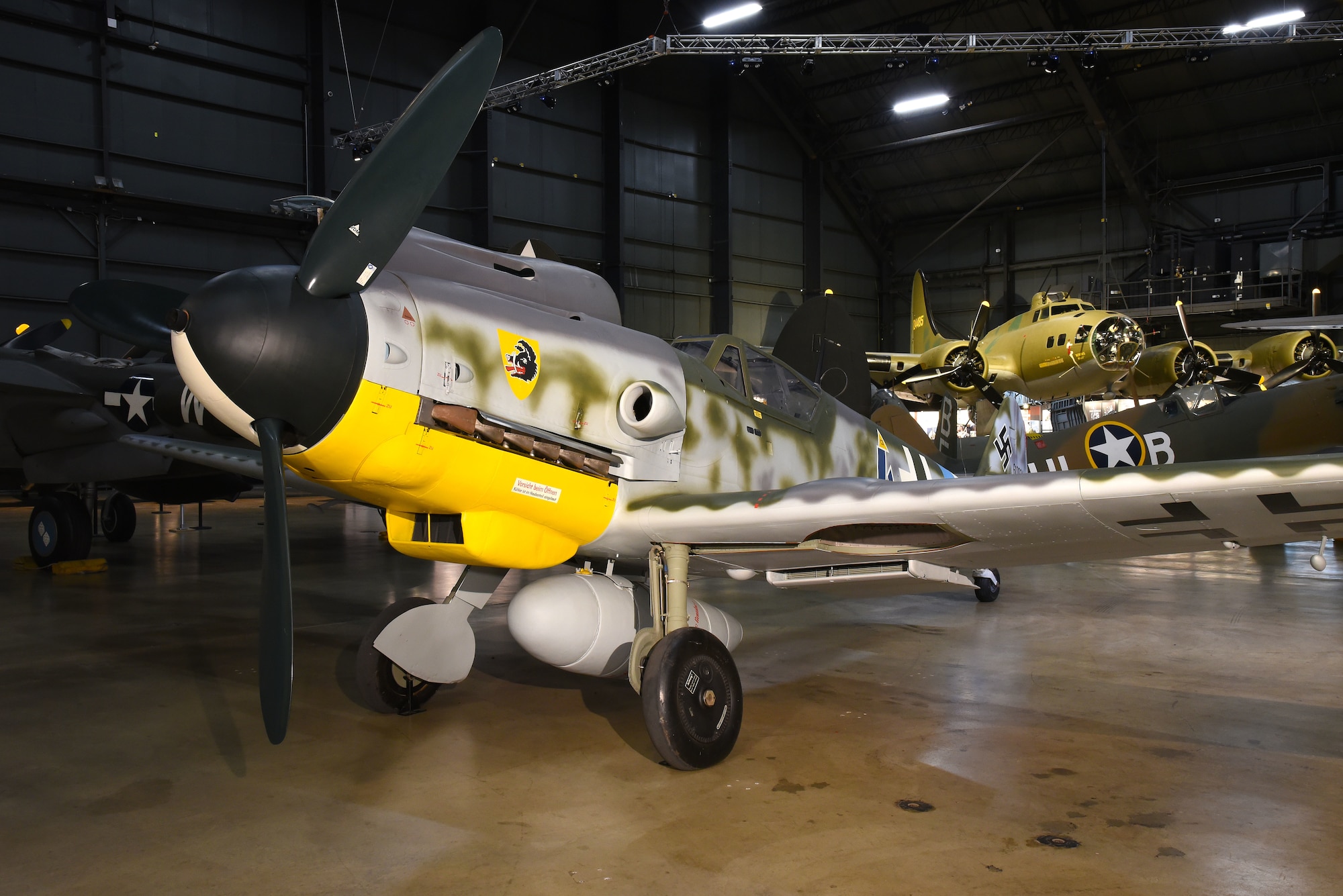 DAYTON, Ohio -- Messerschmitt Bf 109G-10 at the National Museum of the United States Air Force. The museum's Bf 109G-10 is painted to represent an aircraft from Jagdgeschwader 300, a unit that defended Germany against Allied bombers during WWII. (U.S. Air Force photo by Ken LaRock)