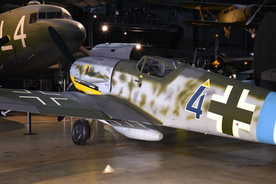 DAYTON, Ohio -- Messerschmitt Bf 109G-10 at the National Museum of the United States Air Force. The museum's Bf 109G-10 is painted to represent an aircraft from Jagdgeschwader 300, a unit that defended Germany against Allied bombers during WWII. (U.S. Air Force photo by Ken LaRock)