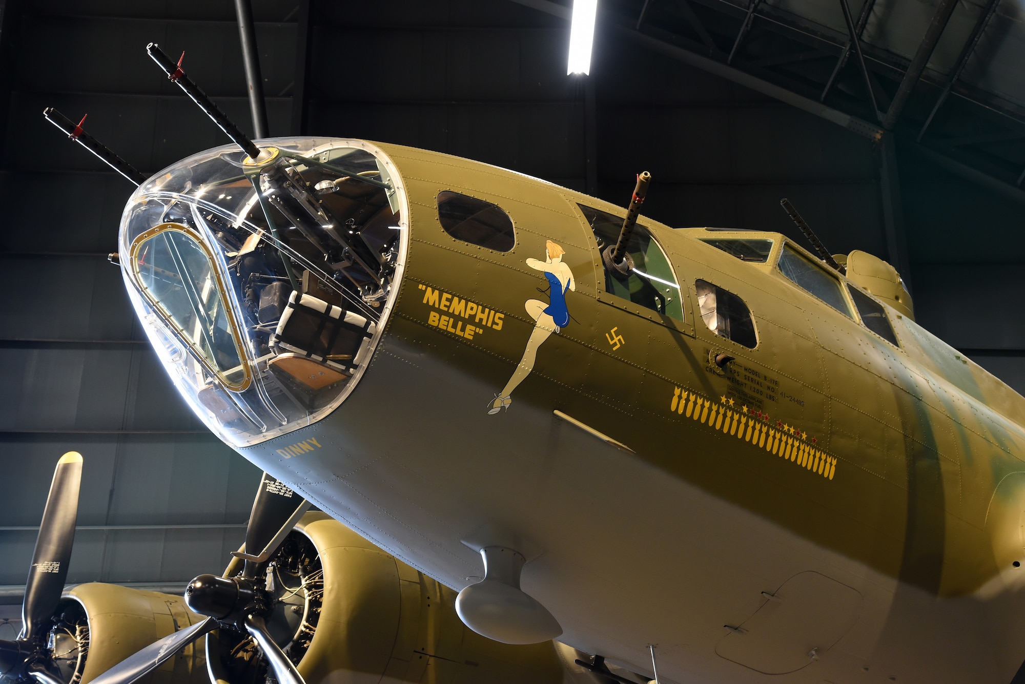 DAYTON, Ohio -- Boeing B-17F Memphis Belle on display in the WWII Gallery at the National Museum of the United States Air Force. B-17's flew in every combat zone during World War II, but its most significant service was over Europe. Along with the B-24 Liberator, the B-17 formed the backbone of the USAAF strategic bombing force, and it helped win the war by crippling Germany’s war industry. (U.S. Air Force photo by Ken LaRock)