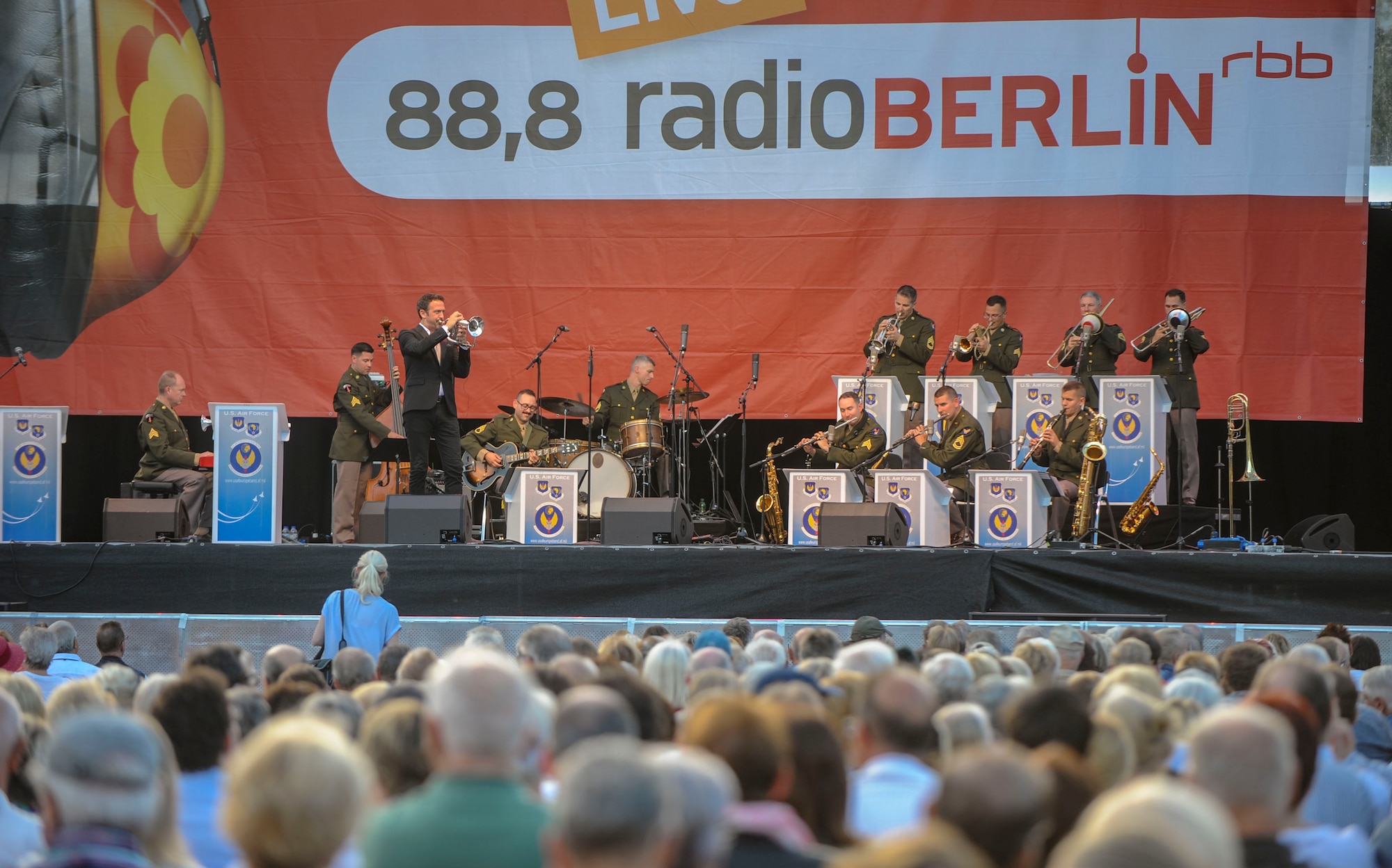 Till Brönner, famous German jazz trumpeter, and U.S. Air Forces in Europe Band members perform a jazz song during a Berlin Airlift 70th Anniversary commemoration in Berlin, Germany, Sept. 4, 2018. The USAFE Band and Brönner performed together to not only commemorate the Berlin Airlift but also the friendship and partnership between the U.S. and Germany. (U.S. Air Force photo by Staff Sgt. Timothy Moore)