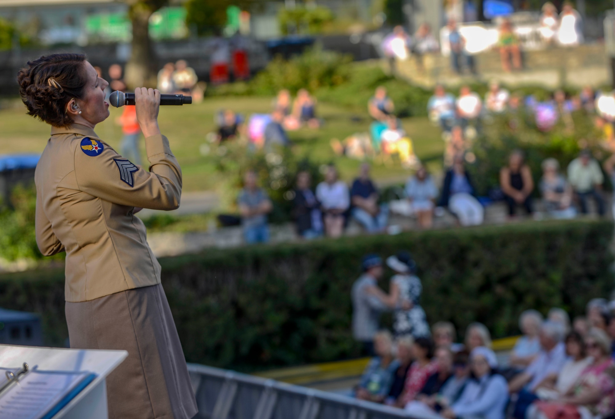 U.S. Air Force Staff Sgt. Joanne Griffin, U.S. Air Forces in Europe Band, sings during a Berlin Airlift 70th Anniversary commemoration in Berlin, Germany, Sept. 4, 2018. The USAFE Band performed together with Till Brönner, famous German jazz trumpeter, to not only commemorate the Berlin Airlift but also the friendship and partnership between the U.S. and Germany. (U.S. Air Force photo by Staff Sgt. Timothy Moore)