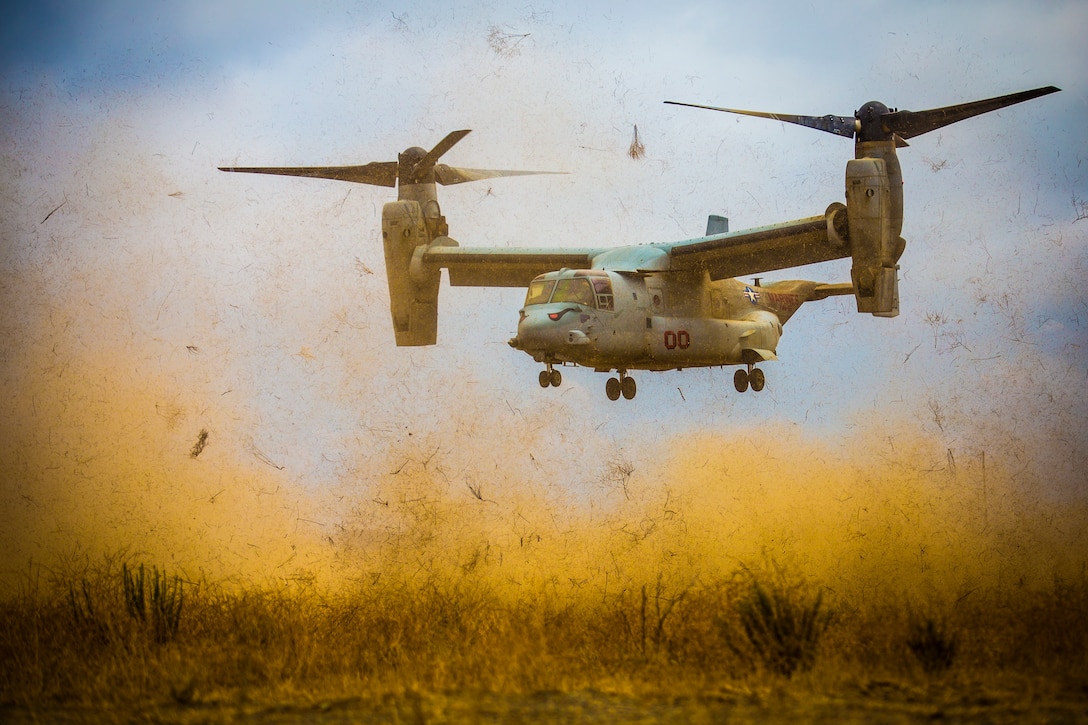 A U.S. Marine Corps MV-22 Osprey with Marine Medium Tiltrotor Squadron 163 provides casualty evacuation support during a field exercise at Marine Corps Base Camp Pendleton, Calif., Aug. 16, 2018. The FEX exposed battalion Marines to field conditions, and will prepare them to meet operational and training objectives in the upcoming year.