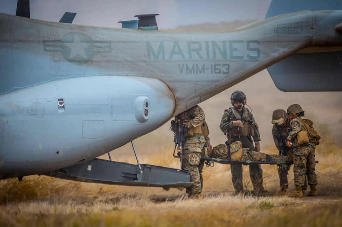 U.S. Marines with Combat Service Support Company, I Marine Expeditionary Force Support Battalion, I Marine Expeditionary Force, and Marine Medium Tiltrotor Squadron 163 load a simulated casualty onto an MV-22 Osprey during a field exercise at Marine Corps Base Camp Pendleton, Calif., Aug. 16, 2018. The FEX exposed battalion Marines to field conditions, and will prepare them to meet operational and training objectives in the upcoming year.