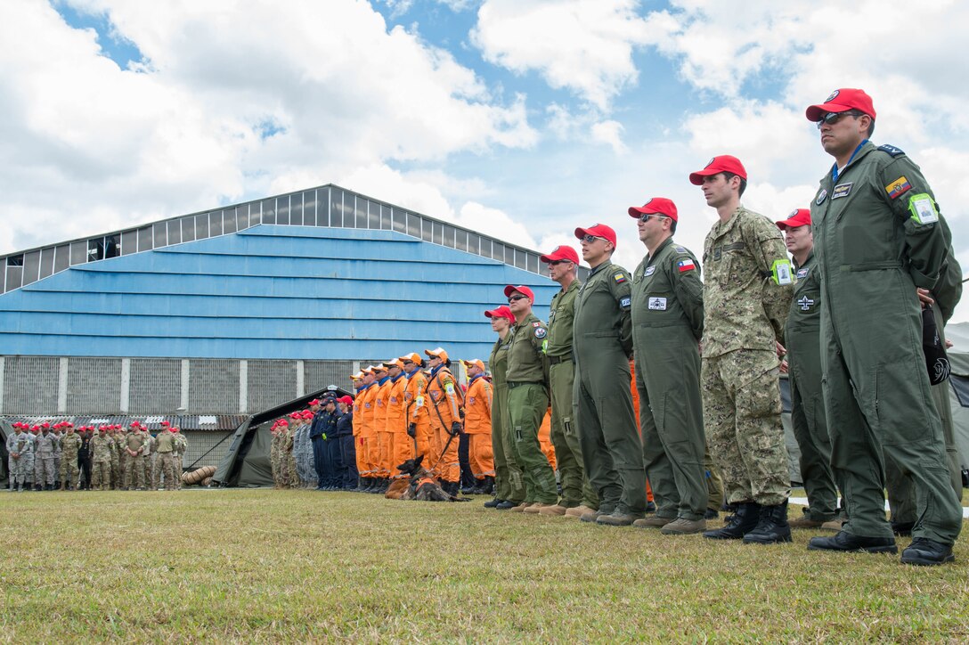 Service members across 12 countries came together to participate in the opening ceremony of the joint exercise Angel de los Andes, Sept. 3, 2018, at Air Combat Command-5, Rionegro, Colombia.  Angel de los Andes is a search and rescue exercise hosted by Colombia involving 12 partner nations that will work together in a joint environment and focus on exercising search and rescue, aeromedical evacuation and casualty evacuation operations. (U.S. Air Force Photo by Staff Sgt. Robert Hicks)