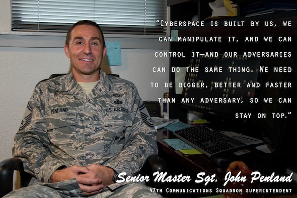 Senior Master Sgt. John Penland, 47th Communications Squadron superintendent, discusses both his view and forecast for the U.S. Air Force’s cyberspace domain. Through his experiences, he says, it’s important the USAF maintains and exercises good security over the domain, before any adversary has the chance to either catch up or attack the United States. (U.S. Air Force graphic by Airman 1st Class Daniel Hambor)