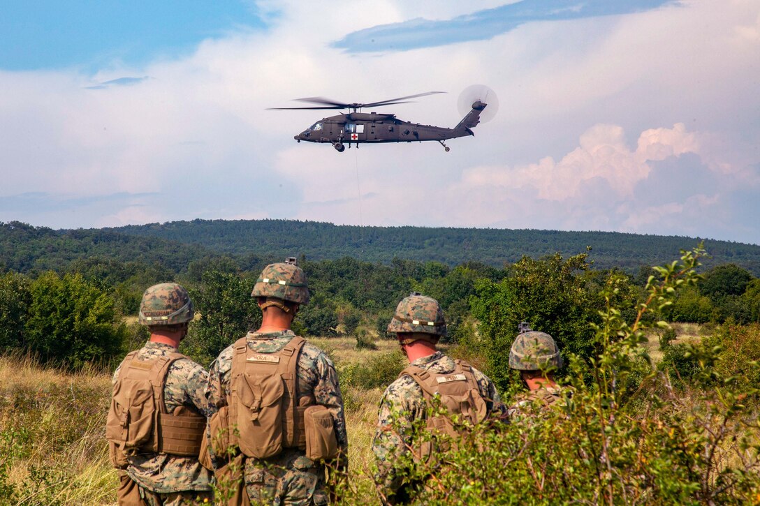 Marines observe as an Army UH-60 Black Hawk medical evacuation helicopter prepares to land.