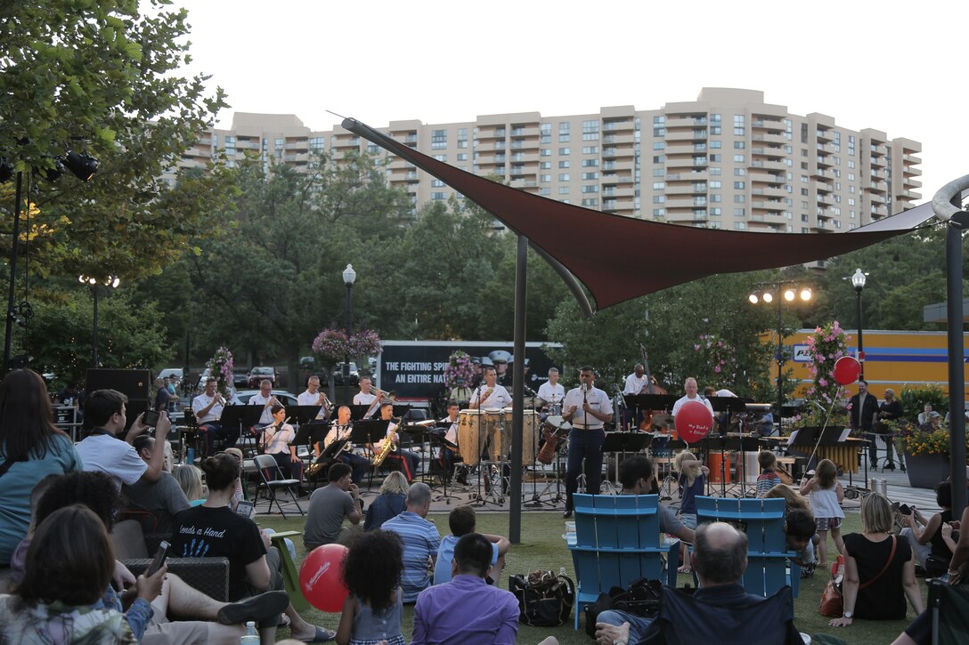 On Aug. 23, 2018, the Marine Latin Jazz Ensemble performed at Pentagon Row in Arlington, Va. (U.S. Marine Corps photo by Master Sgt. Kristin duBois/released)