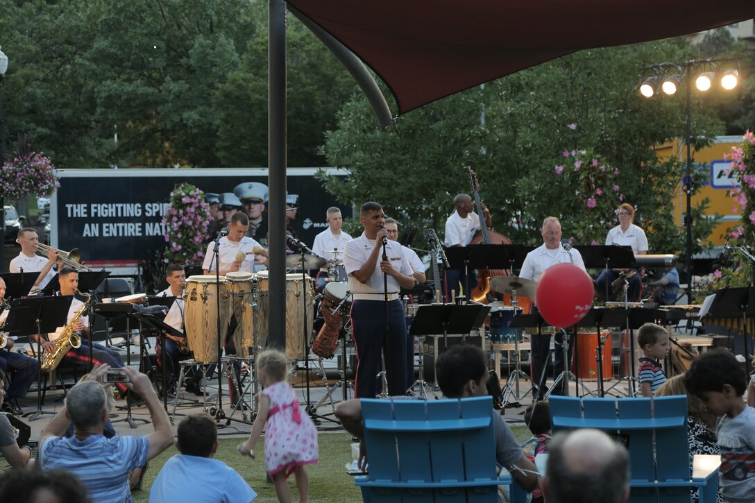 On Aug. 23, 2018, the Marine Latin Jazz Ensemble performed at Pentagon Row in Arlington, Va. (U.S. Marine Corps photo by Master Sgt. Kristin duBois/released)