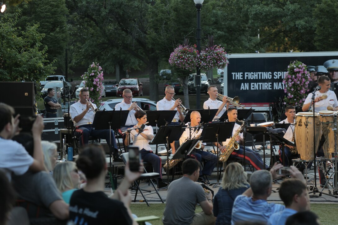 On Aug. 23, 2018, the Marine Latin Jazz Ensemble performed at Pentagon Row in Arlington, Va. (U.S. Marine Corps photo by Master Sgt. Kristin duBois/released)