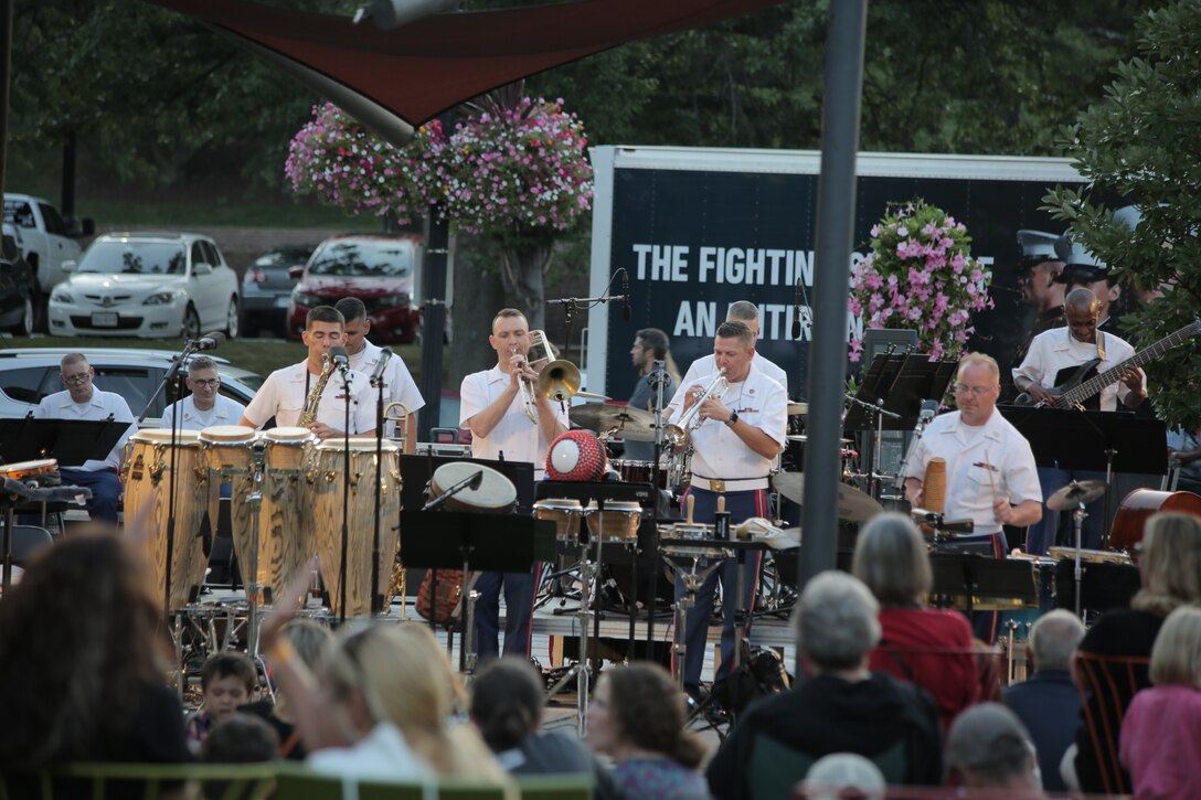On Aug. 23, 2018, the Marine Latin Jazz Ensemble performed at Pentagon Row in Arlington, Va. (U.S. Marine Corps photo by Master Sgt. Kristin duBois/released)
