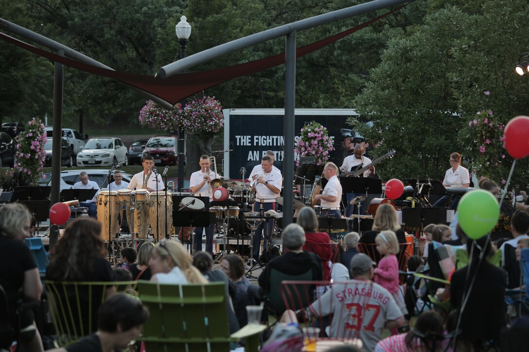 On Aug. 23, 2018, the Marine Latin Jazz Ensemble performed at Pentagon Row in Arlington, Va. (U.S. Marine Corps photo by Master Sgt. Kristin duBois/released)