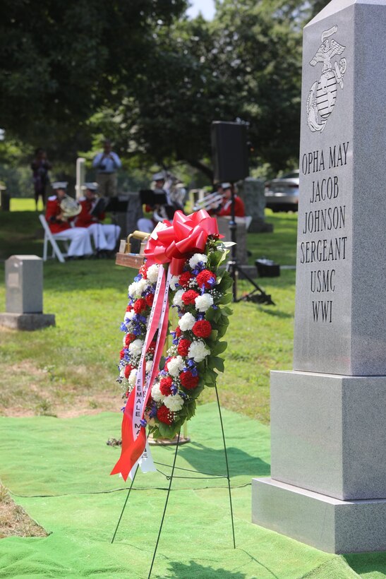 On Aug. 29, 2018, a Marine brass quintet participated in the Memorial Unveiling Ceremony for Opha May Johnson at Rock Creek Cemetery in Washington, D.C. Johnson was the first woman to enlist in the Marine Corps in 1918. (U.S. Marine Corps photo by Master Sgt. Amanda Simmons/released)