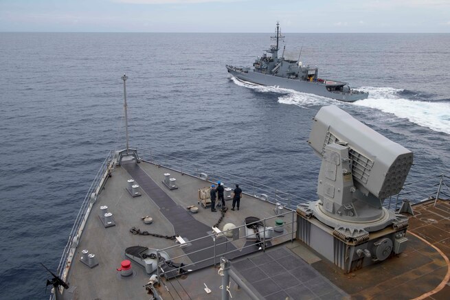 The ARC Almirante Padilla (FM-51) sails alongside the USS Gunston Hall for a replenishment at sea exercise during UNITAS 2018.