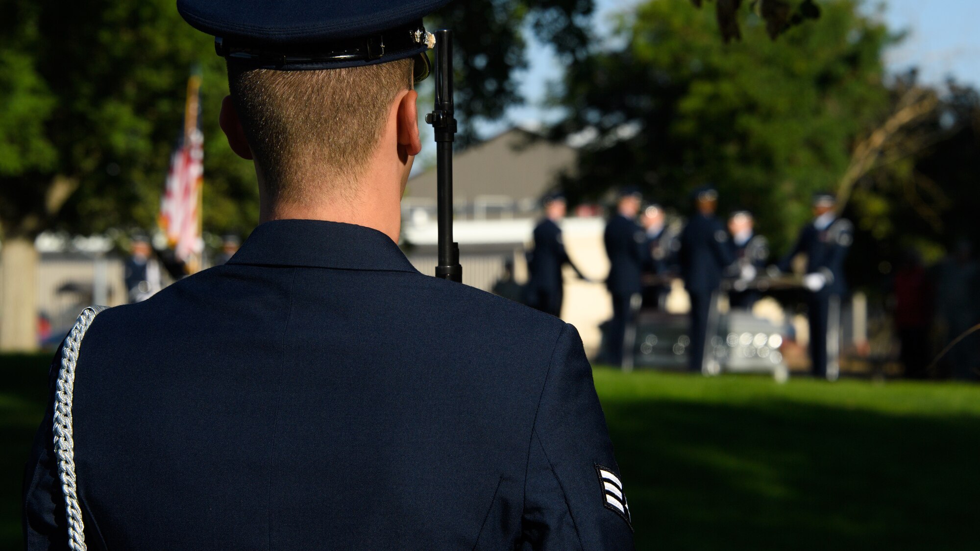 Honor guard members perform a full-honors ceremony as part of their gradaution ceremony at Hill Air Force Base, Utah, Aug. 29, 2018. Twenty Airmen from Hill, Nellis, Mountain Home and F. E. Warren Air Force Bases graduated from the honor guard course instructed by a U.S. Air Force Honor Guard Mobile Training Team. (U.S. Air Force photo by R. Nial Bradshaw)