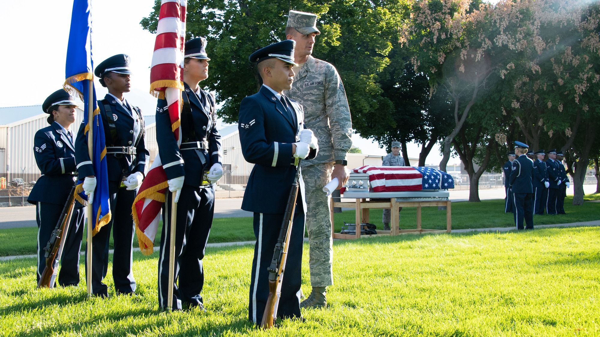 Honor guard members prepare to demonstrate a full honors service as part of their graduation ceremony Aug. 29, 2018, at Hill Air Force Base, Utah. Twenty Airmen from four installations graduated a course instructed by a U.S. Air Force Honor Guard Mobile Training Team from Joint Base Anacostia-Bolling, Washington D.C. (U.S. Air Force photo by R. Nial Bradshaw)