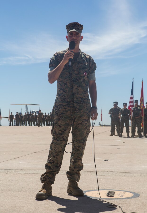 Lt. Col. Michael A. Spears, commanding officer of Headquarters and Headquarters Squadron, speaks during the H&HS change of command and his retirement ceremony at Marine Corps Air Station Miramar, Calif., Aug. 30. The ceremony officially recognized Spears for his 23 years of honorable service to the Marine Corps and his time as the commanding officer of H&HS from July 2016 through August 2018. (U.S. Marine Corps photo by Cpl. Becky Cleveland)