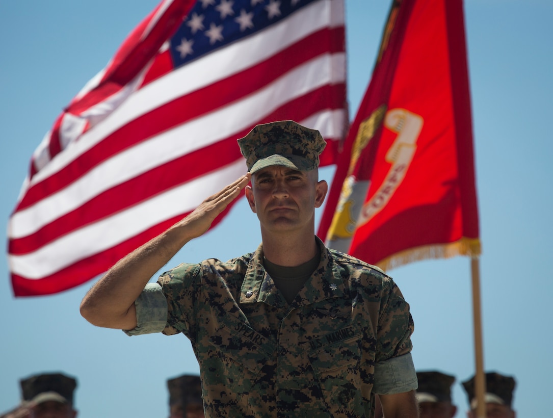 Lt. Col. Michael A. Spears, commanding officer of Headquarters and Headquarters Squadron, salutes during the H&HS change of command and Spears’ retirement ceremony at MCAS Miramar, Calif., Aug. 30. The ceremony officially recognized Spears for his 23 years of honorable service to the Marine Corps and his time as the commanding officer of H&HS from July 2016 through August 2018. (U.S. Marine Corps photo by Cpl. Becky Cleveland)