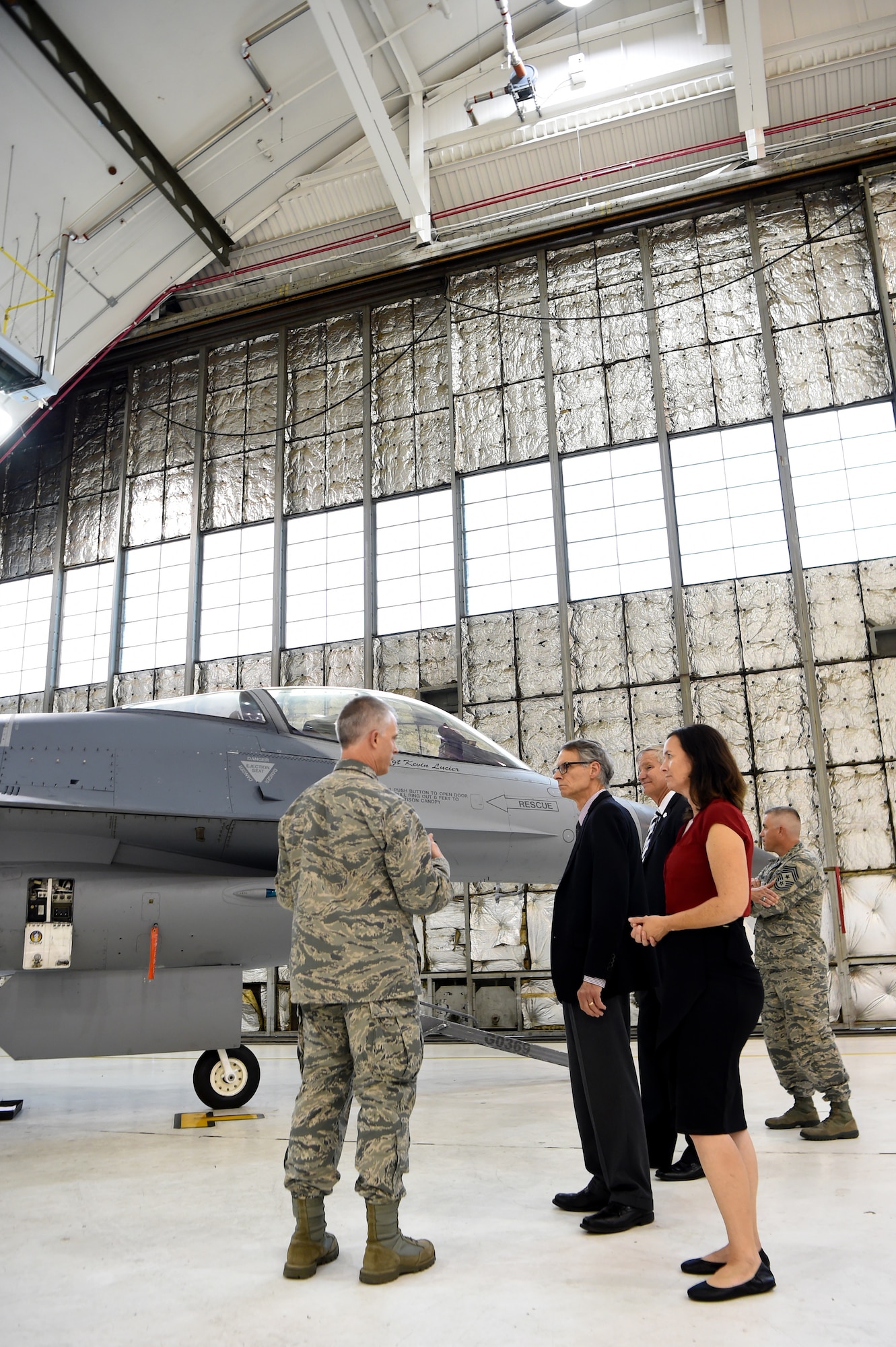 Aurora city officials tour Hangar 810, Sept. 5, 2018, on Buckley Air Force Base, Colorado. The 140th Wing is comprised of over 1400 personnel that support F-16C Air Combat Command fighter and C-21 Air Mobility Command airlift aircraft missions, as well as Space Warning Squadron Air Force Space Command and Civil Engineering Pacific Air Forces missions. (U.S. Air Force photo by Airman 1st Class Codie Collins)