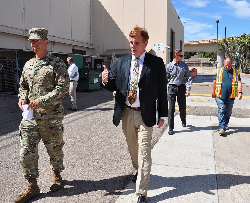 Robert Klein, project manager with the U.S. Army Corps of Engineers Los Angeles District, right, discusses the Corps’ San Diego Veterans Affairs Hospital project with Col. Aaron Barta, LA District commander, left, during an Aug. 29 site visit to the hospital in San Diego, California.