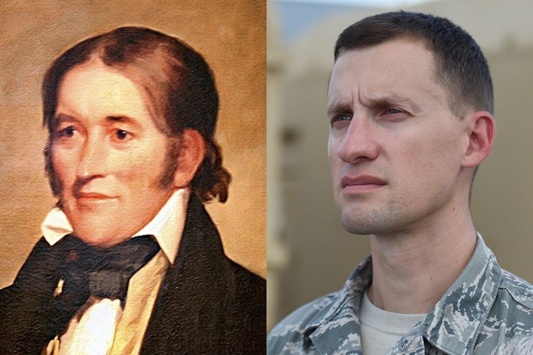 A painting of Davy Crockett on the left and a photo of an ancestor who is in the National Guard on the right.