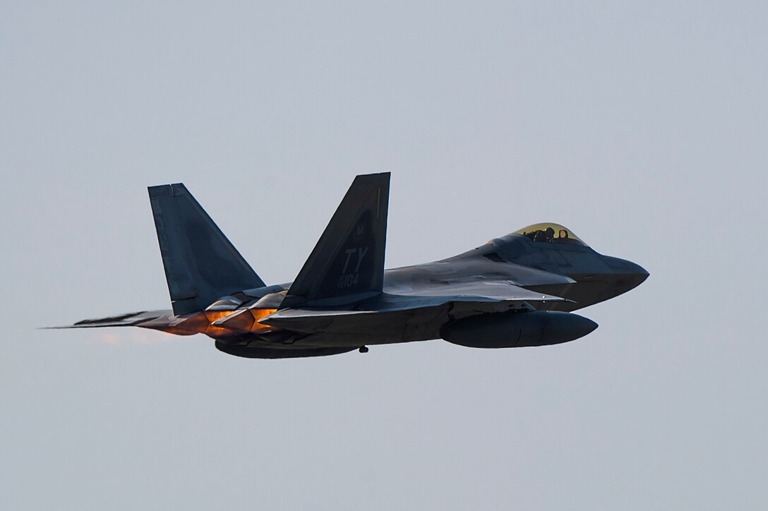 An F-22 Raptor from the 95th Fighter Squadron, at Tyndall Air Force Base, Florida, takes off at Spangdahlem Air Base, Germany, Aug. 29, 2018. (U.S. Air Force photo by Airman 1st Class Valerie Seelye)