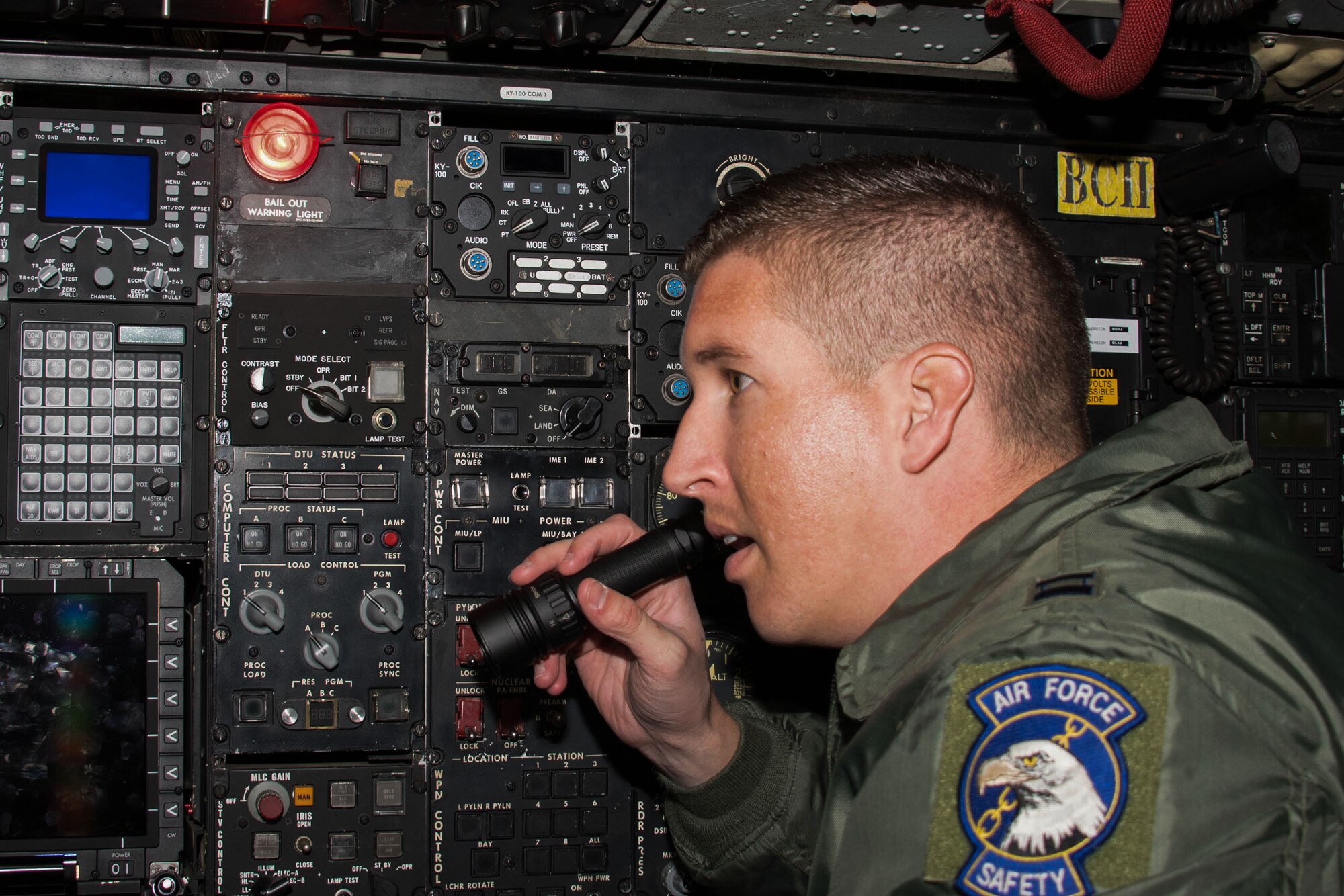 An Airman assigned to the 343rd Expeditionary Bomb Squadron performs checks on a B-52 Stratofortress at RAF Fairford, United Kingdom, Sept. 7, 2018.  The unit is operating in support of Ample Strike 18, a Czech -Republic- led exercise involving 19 nations. (U.S. Air Force photo by Master Sgt. Ted Daigle)