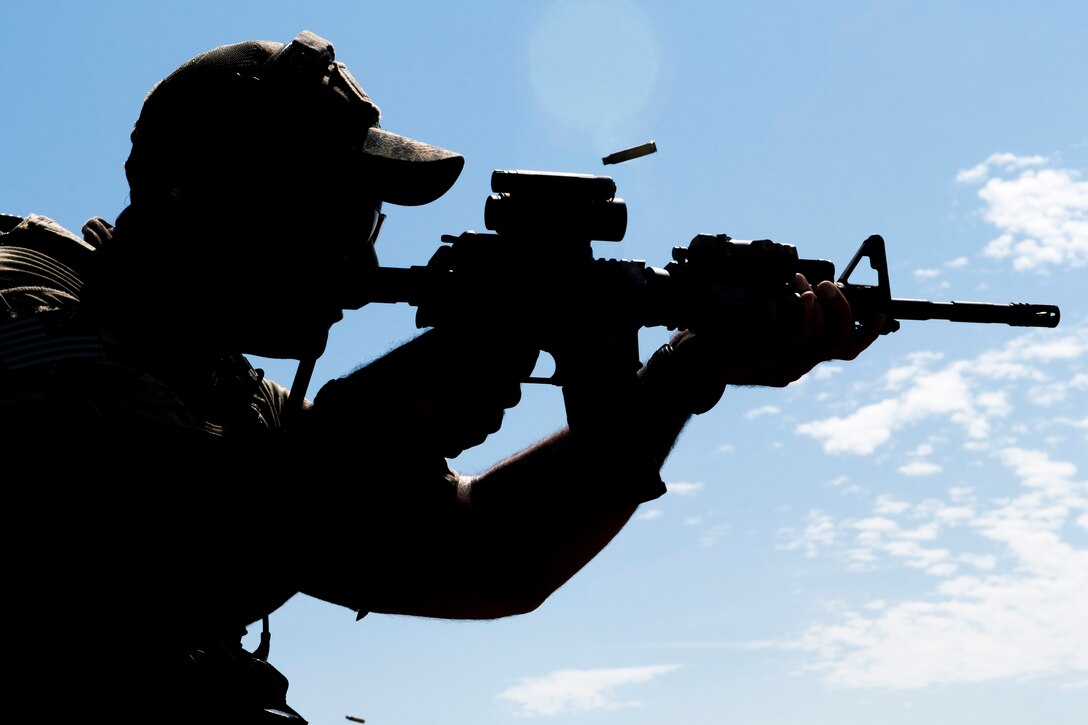 A student fires an M4 carbine at a target during a full spectrum operator course, Aug. 28, 2018, at Smoky Hill Air National Guard Range, Kan. The course was held Aug. 26-31, and incorporated specific duties performed by tactical air control party members and security forces personnel to build on their gunfighting skills. (U.S. Air Force photo by Senior Airman Janiqua P. Robinson)
