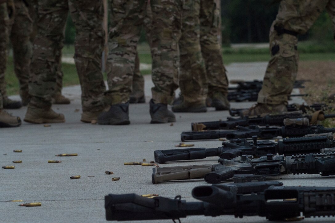 M4 carbines rest during a full spectrum operator course, Aug. 28, 2018, at Smoky Hill Air National Guard Range, Kan. The course was held Aug. 26-31, and incorporated specific duties performed by tactical air control party members and security forces personnel to build on their gunfighting skills. (U.S. Air Force photo by Senior Airman Janiqua P. Robinson)