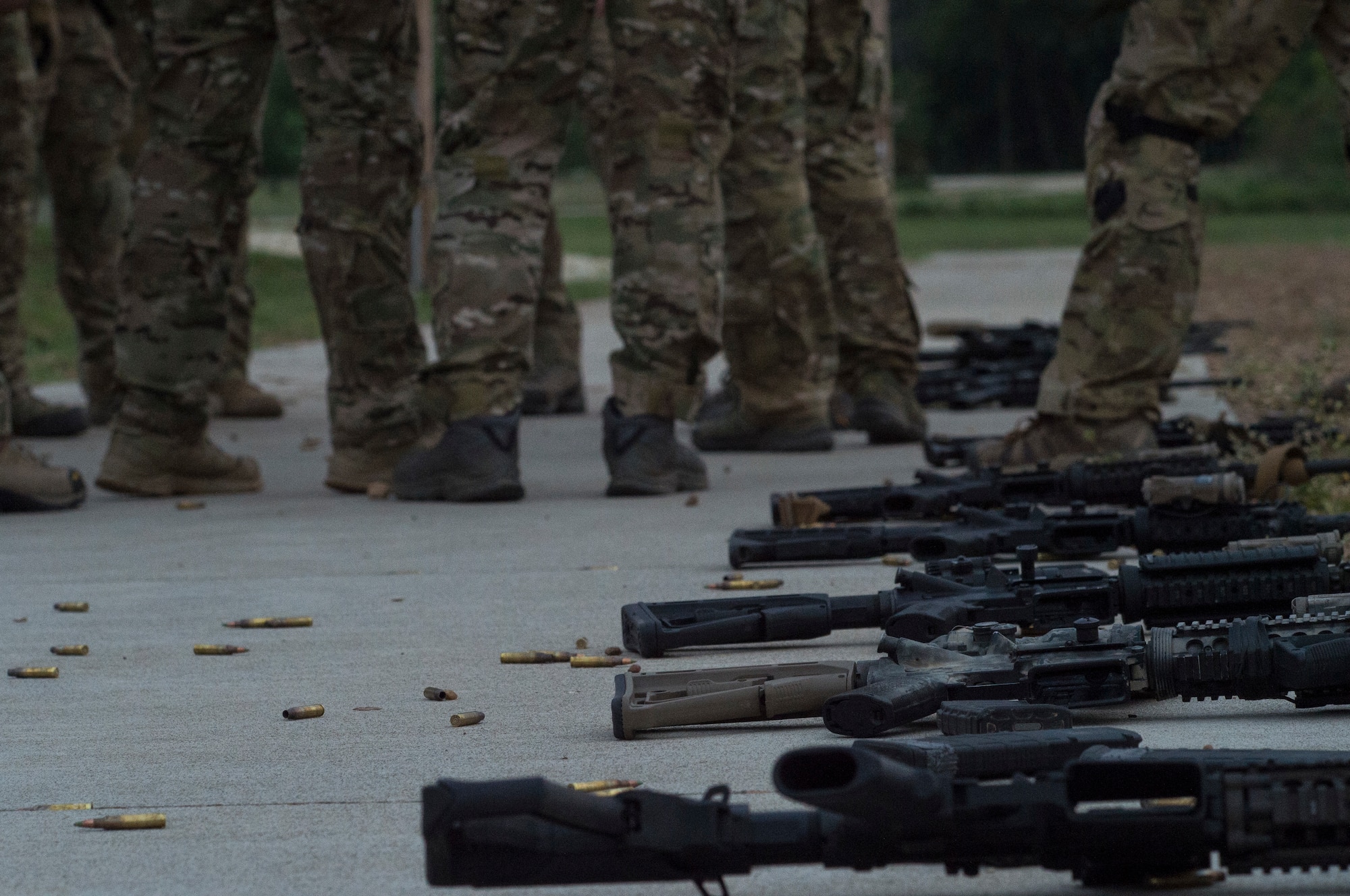 M4 carbines rest during a full spectrum operator course, Aug. 28, 2018, at Smoky Hill Air National Guard Range, Kan. The course was held Aug. 26-31, and incorporated specific duties performed by tactical air control party members and security forces personnel to build on their gunfighting skills. (U.S. Air Force photo by Senior Airman Janiqua P. Robinson)