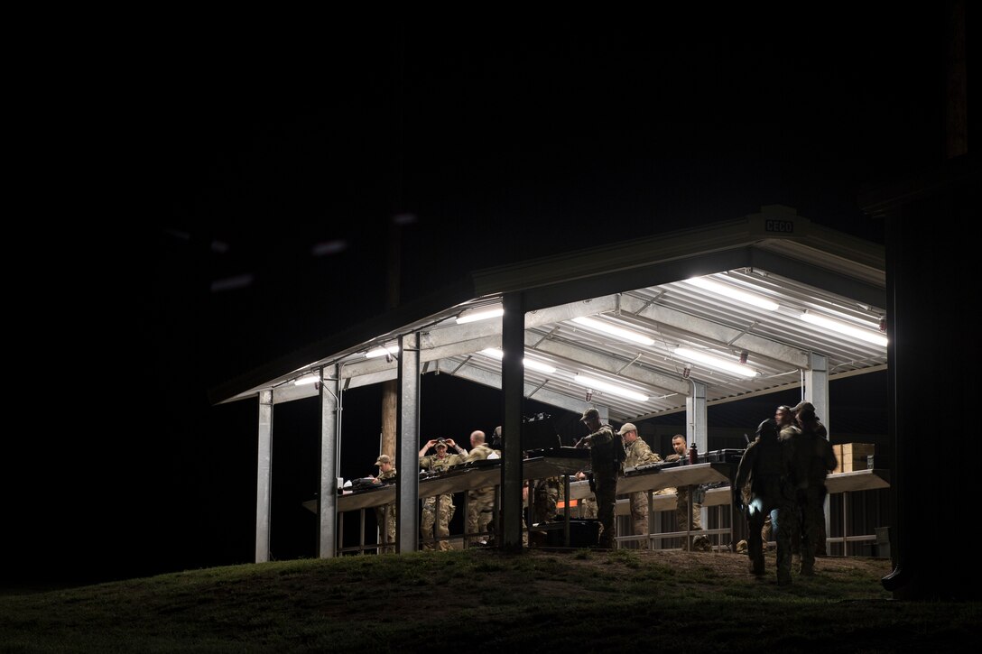Students pack up their gear during a full spectrum operator course, Aug. 28, 2018, at Smoky Hill Air National Guard Range, Kan. The course was held was held Aug. 26-31, and incorporated specific duties performed by tactical air control party members and security forces personnel to build on their gunfighting skills. (U.S. Air Force photo by Senior Airman Janiqua P. Robinson)