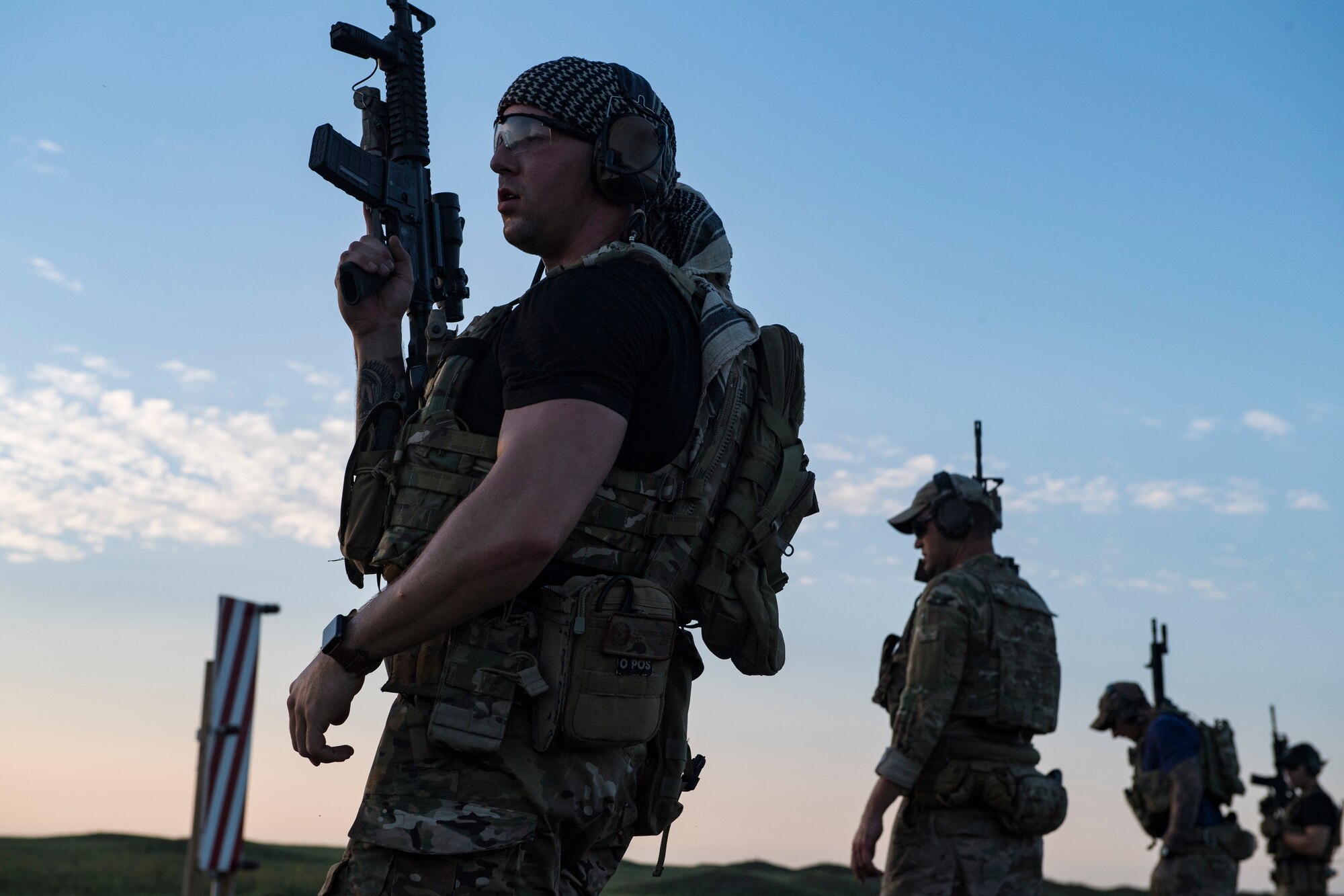 Students prepare to fire M4 carbines at targets during a full spectrum operator course, Aug. 29, 2018, at Smoky Hill Air National Guard Range, Kan. The course was held Aug. 26-31, and incorporated specific duties performed by tactical air control party members and security forces personnel to build on their gunfighting skills. (U.S. Air Force photo by Senior Airman Janiqua P. Robinson)