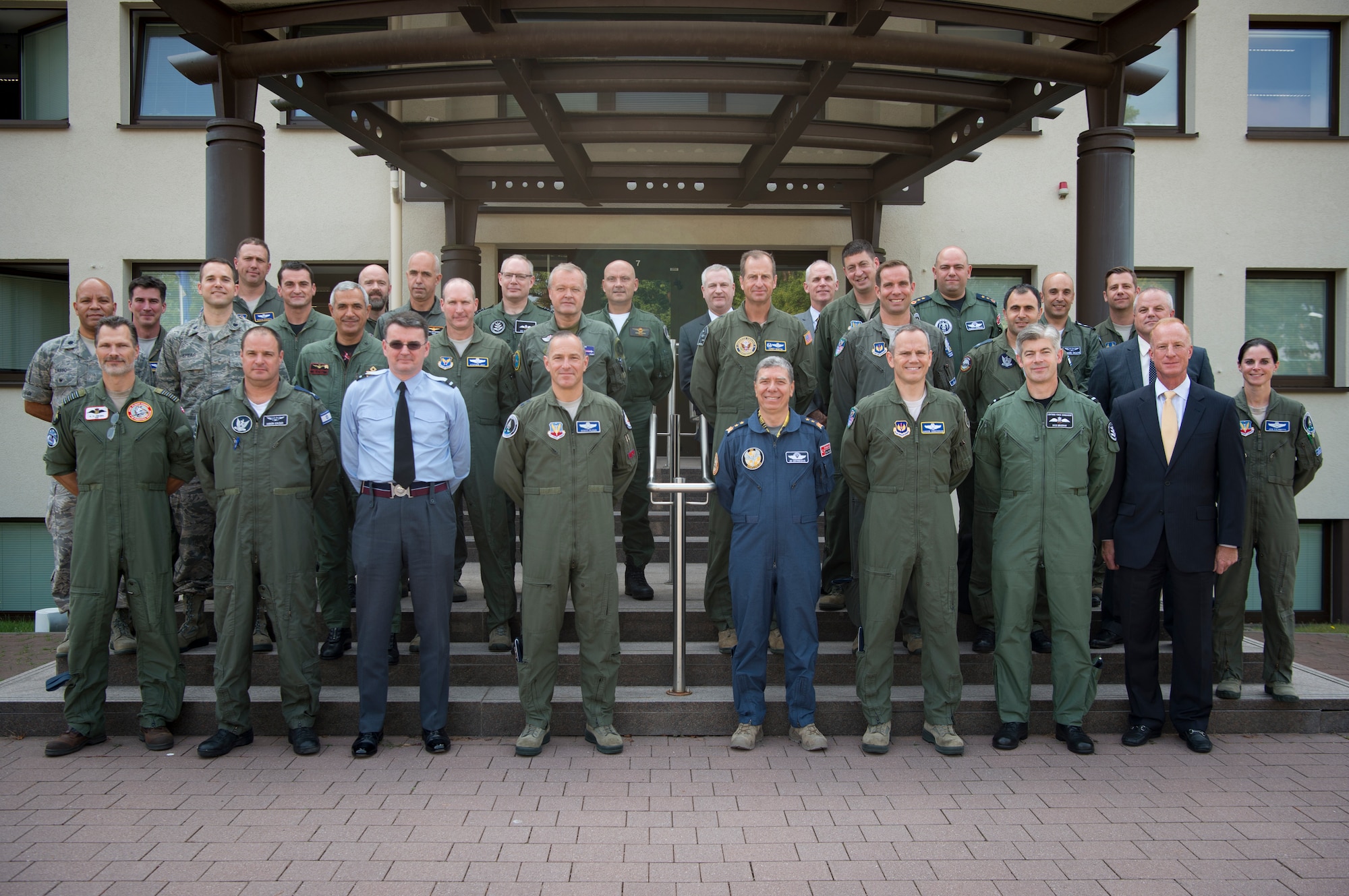 A group of general officers representing the U.S. and each of the seven European and Mediterranean nations, which will operate the F-35 lightning II aircraft pose for a photo on Ramstein, Sep. 6, 2018. The group met to discuss the F-35's implementation in Europe. Topics included establishing infrastructure, lowering procurement and maintenance costs, and basing aircraft on RAF Lakenheath, England. (U.S. Air Force photo by Senior Airman Elizabeth Baker)